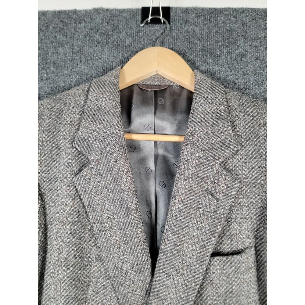 Vintage Christian Dior Sport Coat Mens 40 Gray Wool Herringbone Tweed Blazer 80s
